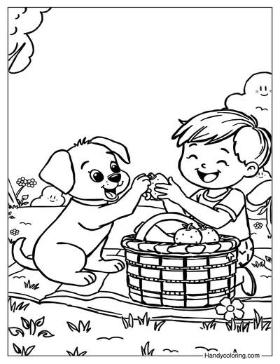 Puppy and Boy on a Picnic Color Page Free