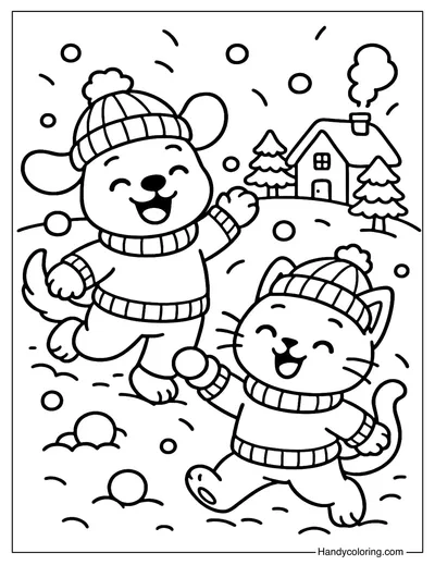 Puppy and Kitty Snow Fight Coloring Page