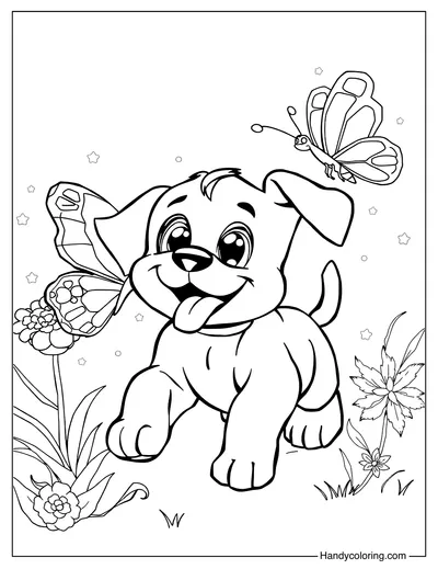 Puppy Chasing a Butterfly Coloring Page