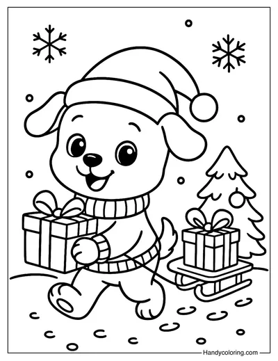 Puppy Christmas Sleigh Coloring Page