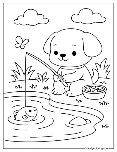 Puppy Fishing Coloring Page