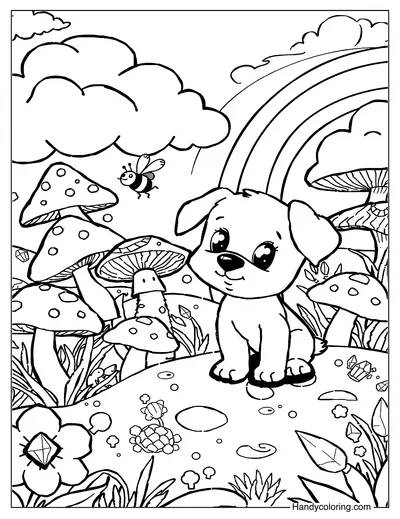 Puppy in a Fantasy World Free Coloring Page
