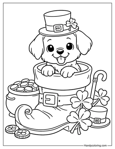 Puppy in Leprechaun Boot Coloring Page