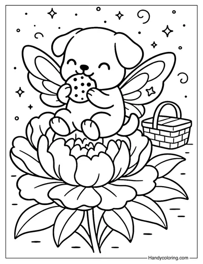 Puppy Peony Picnic Coloring Page