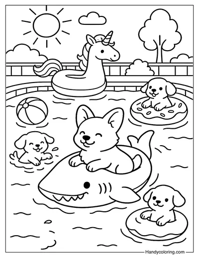 Puppy Pool Splash Coloring Page
