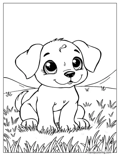 Puppy Sitting in the Grass Coloring Page