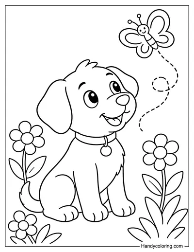 Puppy with Butterfly in Garden