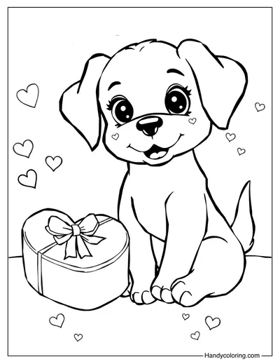 Puppy with Chocolate Box Coloring Sheet