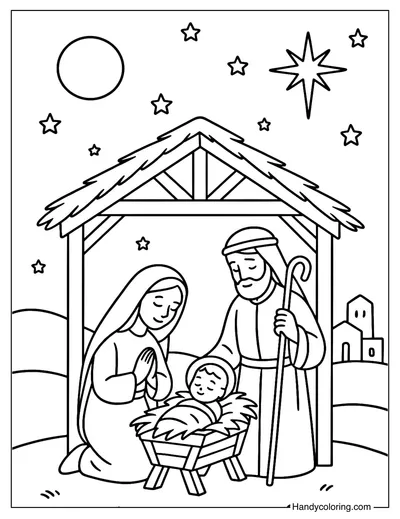 Quiet Night Nativity Scene Coloring Page