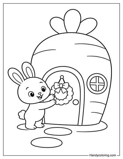 Rabbit Decorating a Tiny Carrot House