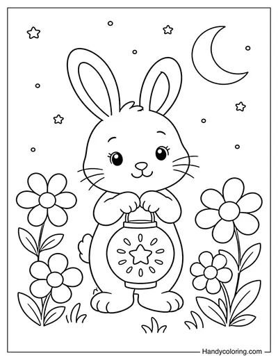 Rabbit Holding a Lantern in a Flower Field
