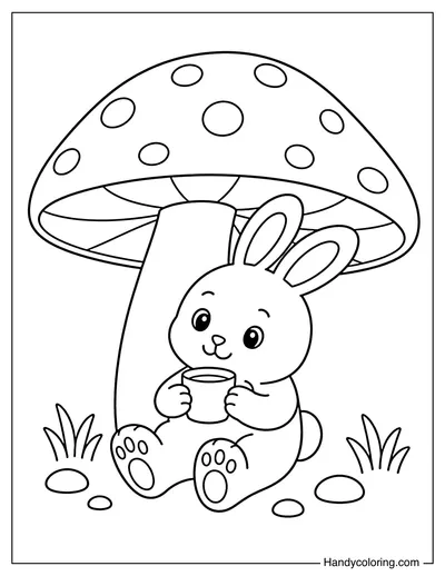 Rabbit Resting Under a Giant Mushroom
