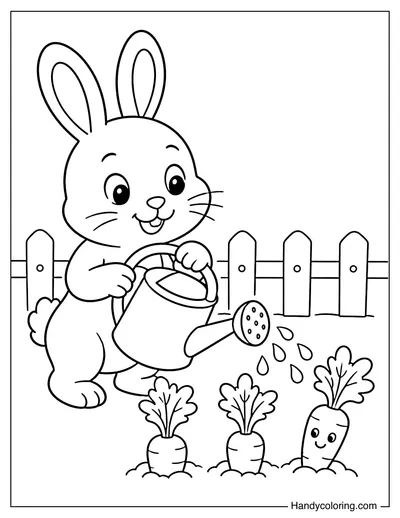 Rabbit Watering a Carrot Garden