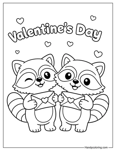 Raccoon Couple Valentine's Day Coloring Page