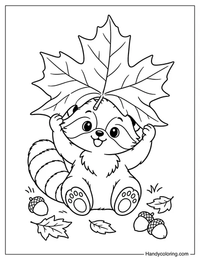 Raccoon Wearing a Giant Autumn Leaf Hat