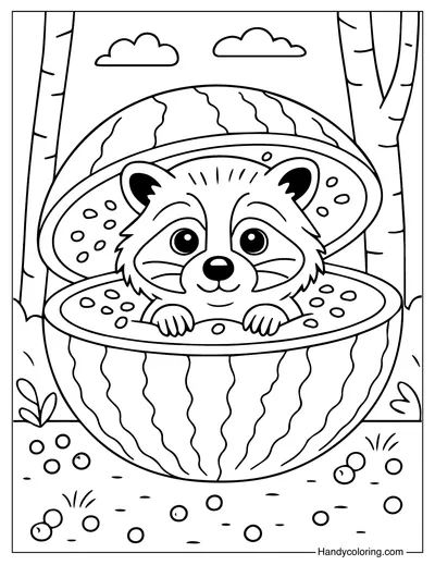 Raccooni Watermelunni Coloring Page