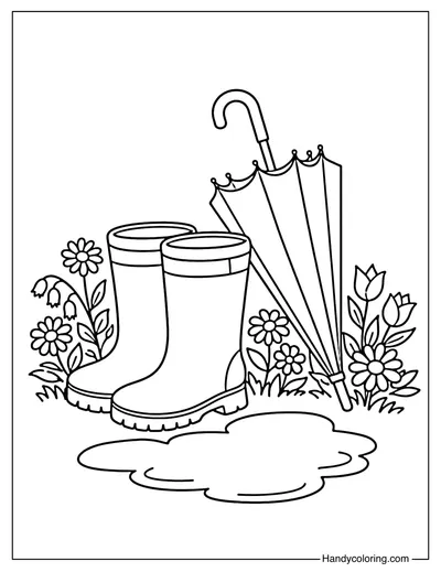 Rain Boots and Umbrella Coloring Page