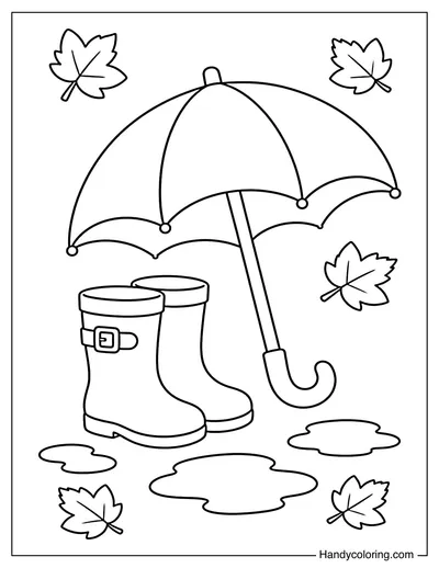 Rain Boots with Umbrella and Leaves