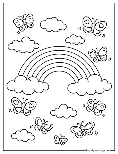Rainbow And Butterflies Coloring Page