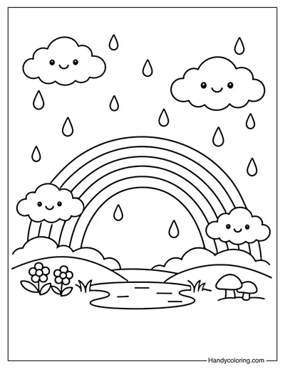 Rainbow And Falling Raindrops Coloring Page