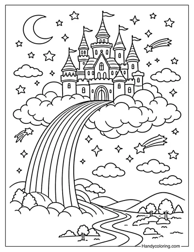 Rainbow Castle In The Clouds Coloring Page