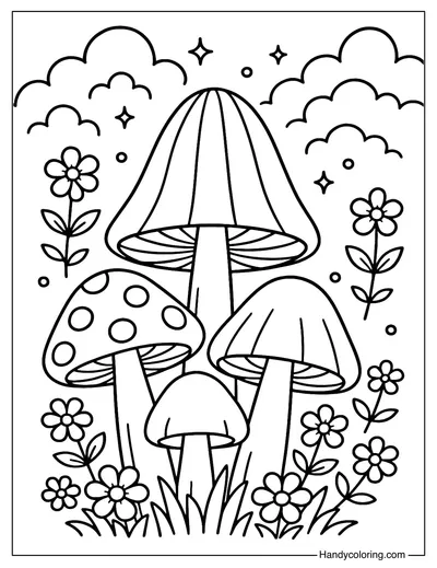 Rainbow Mushroom Garden Coloring Page