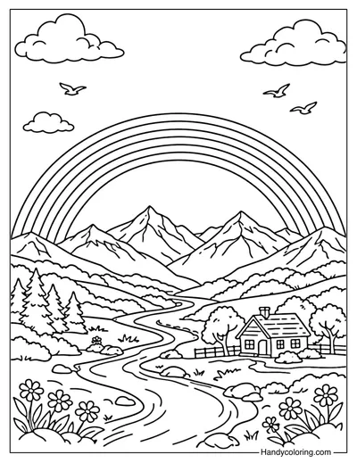 Rainbow Over Mountains Coloring Page