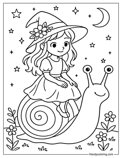 Rainbow Snail Witch Coloring Page
