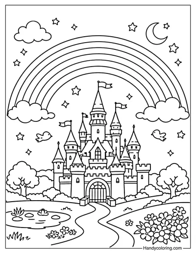 Rainbow with Castle Coloring Page