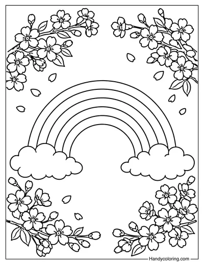 Rainbow With Cherry Blossoms Coloring Page