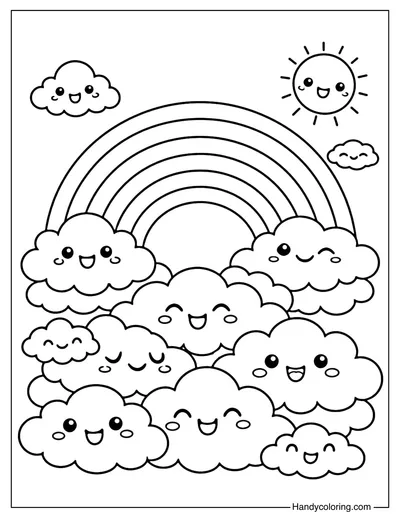 Rainbow With Cute Clouds Coloring Page