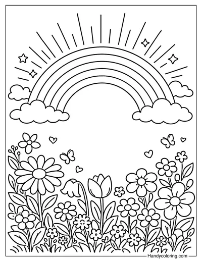 Rainbow With Flower Garden Coloring Page