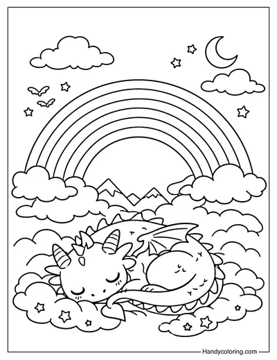 Rainbow With Sleeping Dragon Coloring Page