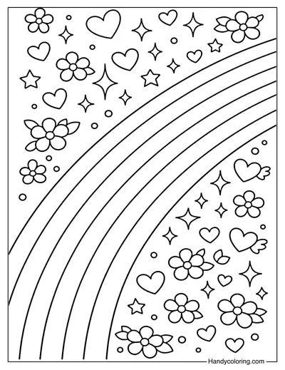 Rainbow With Sparkles And Flower Stars Coloring Page