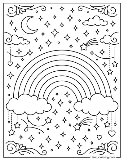 Rainbow With Sparkling Stars Coloring Page