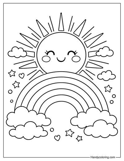 Rainbow With Sun Rays Coloring Page