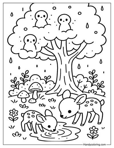 Rainy Forest with Light Spirits Coloring Page