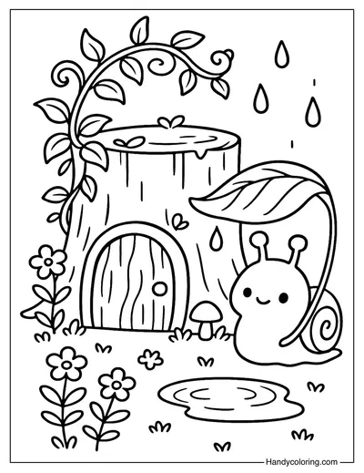 Rainy Snail Stump Coloring Page
