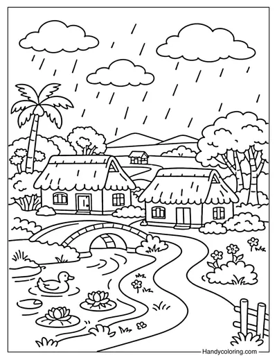 Rainy Village Scene