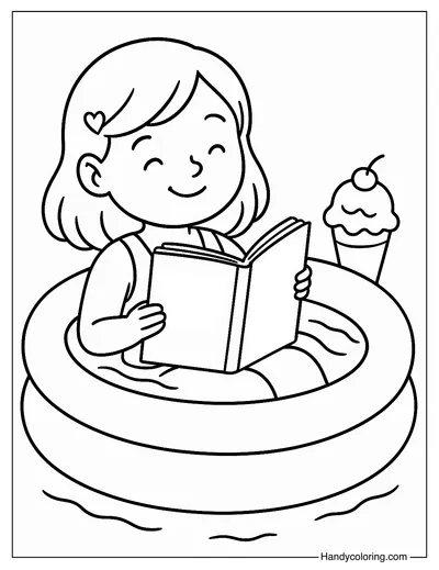 Reading in the Pool Coloring Page