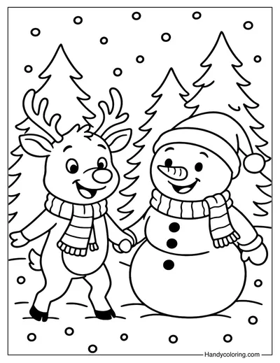 Reindeer and Snowman Coloring Page
