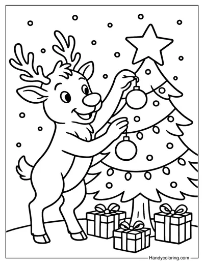 Reindeer Decorating Tree Coloring Page