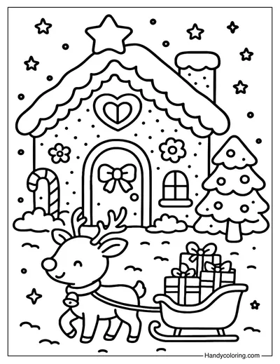 Reindeer Gingerbread House Coloring Page
