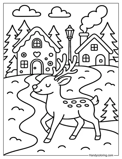 Reindeer in Christmas Village Coloring Page