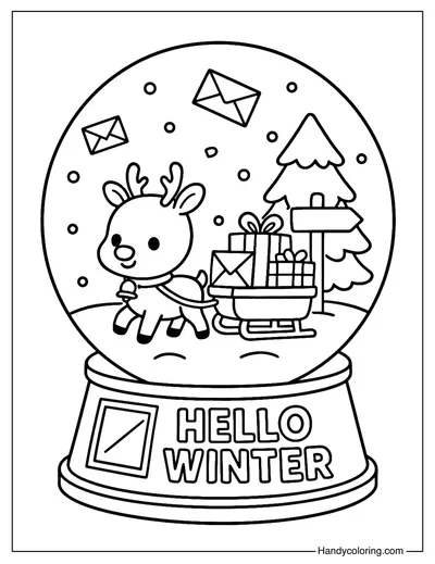 Reindeer Sleigh Snow Globe Coloring Page