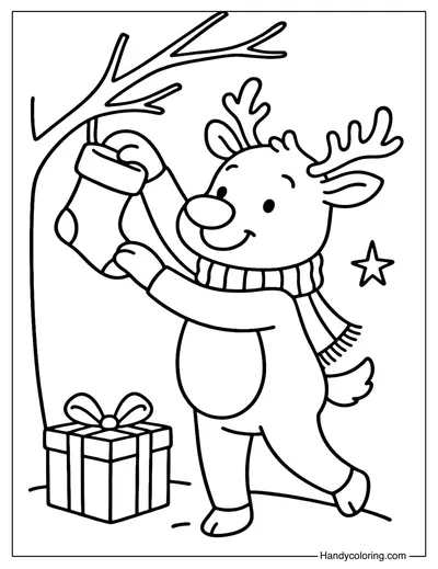 Reindeer with Christmas Stockings Coloring Page