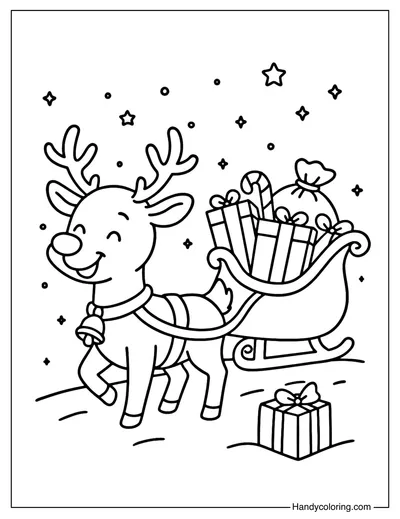 Reindeer with Santa Sleigh Coloring Page