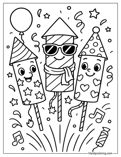 Rocket Firework Friends Coloring Page