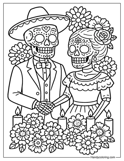 Romantic Sugar Skull Lovers Coloring Page