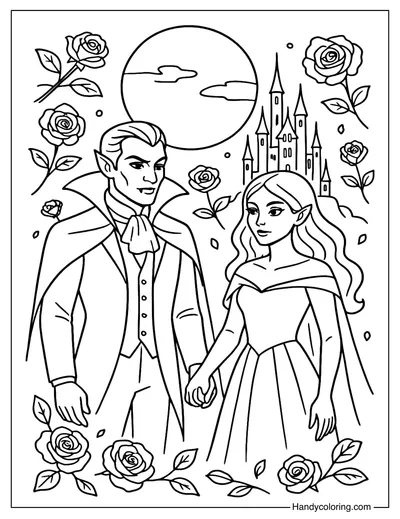 Romantic Vampire Couple Coloring Page